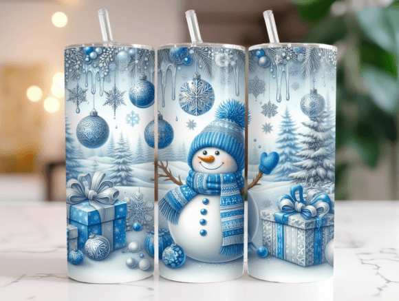 20oz Christmas Snowman Blue Tumbler Wrap Graphics