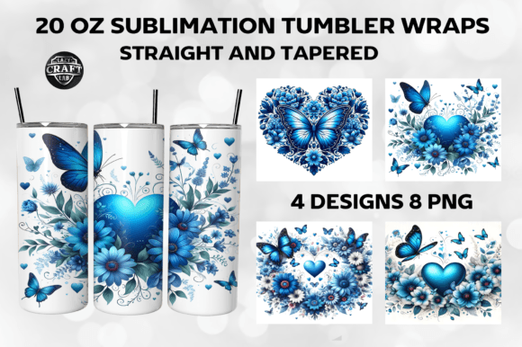 Blue Heart Butterfly Flowers Tumbler PNG: Graphics for Tumbler Wraps