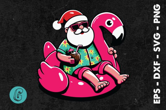 Santa Claus Flamingo Xmas in July Graphics & Illustrations